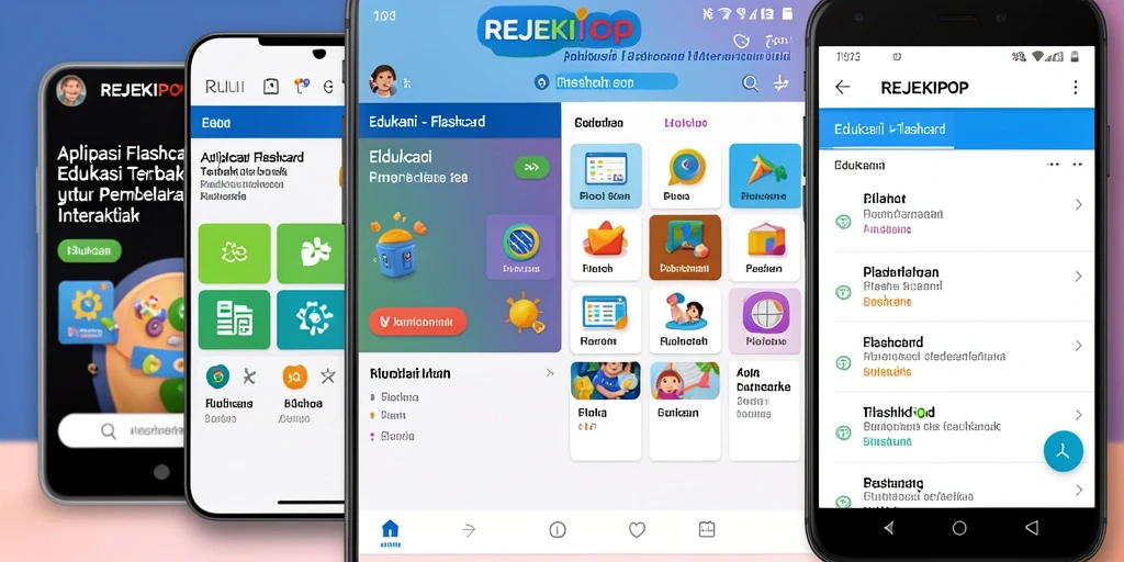 Antarmuka pengguna REJEKIPOP yang menarik dengan fitur flashcard.